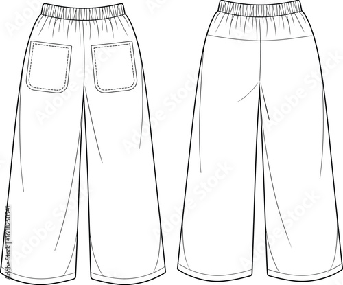 Flat vector CAD sketch of wide-leg elastic waist pants with back patch pockets, front and back technical clothing illustration.