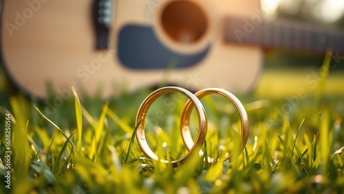 wedding rings and guitar in the background