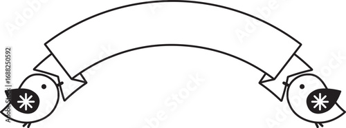 小鳥とリボンバナーのモノクロメッセージイラスト