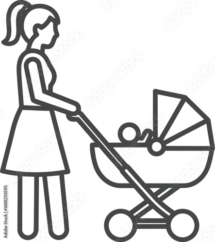 Mother pushing a baby stroller flat icon family parenting newborn care love vector