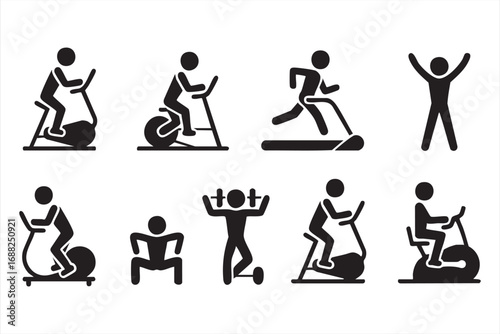 Exercise pictograms set with running, lifting, and stretching silhouette illustrations