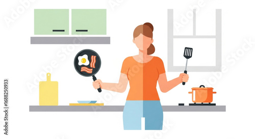 A woman is cooking breakfast, holding a pan with food and a spatula, in a kitchen.