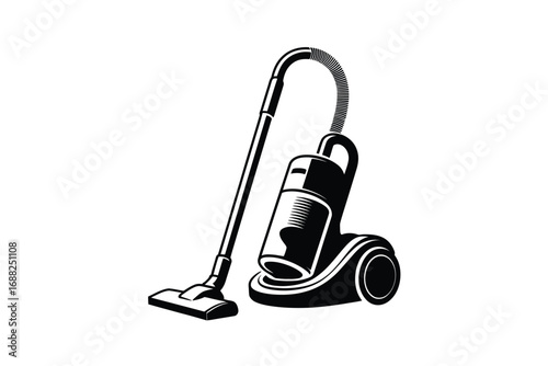 Minimalist silhouette of a modern upright vacuum cleaner with hose and brush