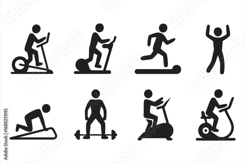 Fitness workout icons set with treadmill, exercise bike, and weightlifting pictograms