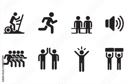 Collaboration and sports pictograms including cheering, group activity, and support