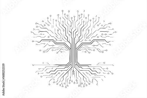 Futuristic tech tree with electronic circuit branches representing connectivity