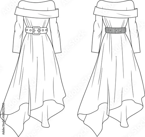 Flat vector fashion sketch of off-shoulder asymmetric dress with detailed belt design, long sleeves, and flowing hemline, front and back view.