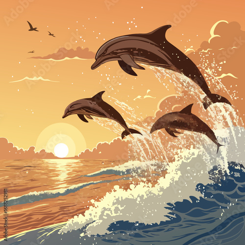 Playful Dolphins Jumping During a Golden Sunset.