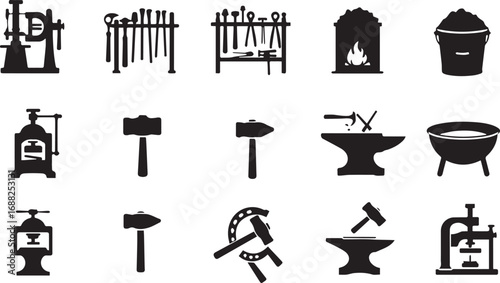 Blacksmith Tools and Equipment Silhouettes Collection Keywords: blacksmith, tools, equipment, anvil, hammer, tongs, forge, furnace, horseshoe, bucket, press, metalworking, craft, industry