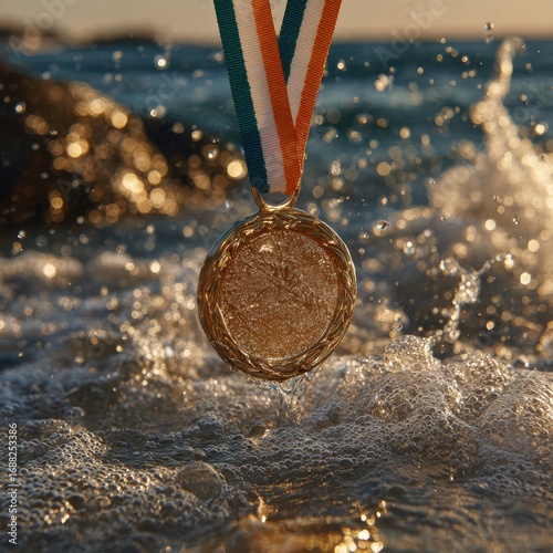 Gold medal emerging from ocean waves