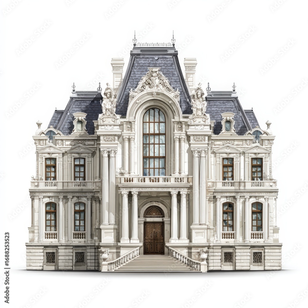 Naklejka premium Grand European Mansion Architectural Design White Stone Facade Columns Balconies