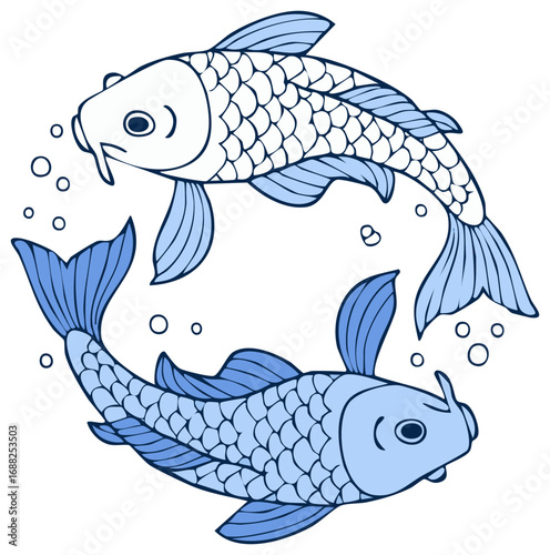 Two Fish Swimming in Circle with Bubbles Illustration Aquatic Marine Life Waters Waterscape