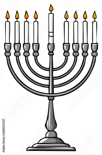 Cartoon illustration of a silver Hanukkah menorah with all nine candles lit