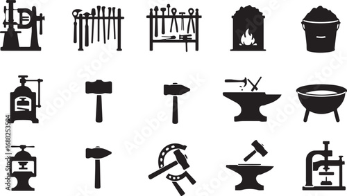 Blacksmithing Tools and Equipment Icons Set on White Background Keywords: blacksmith, forge, anvil, hammer, tongs, horseshoe, tools, metalworking, craft, industry, workshop, equipment, silhouette
