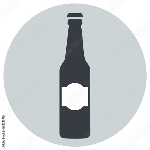 Bottled beverage vector icon in circle, dark silhouette with white label, minimal style