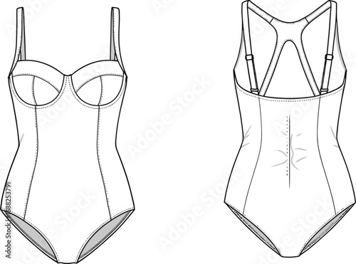 Women one piece swimsuit fashion flat sketch, front and back view technical drawing, lingerie swimwear design, vector apparel CAD garment illustration