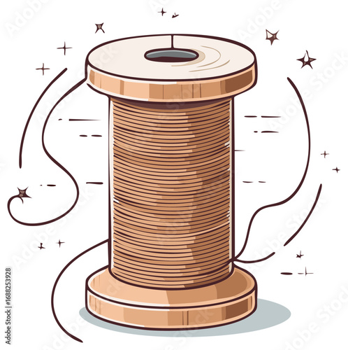 Wooden Spool of Thread with a Loose End and Decorative Stars Isolated