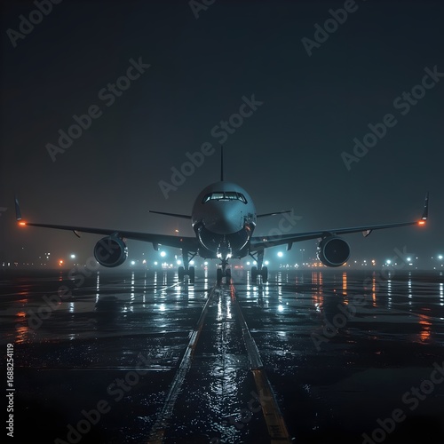 Cargo Airplane Parked on Runway at Night