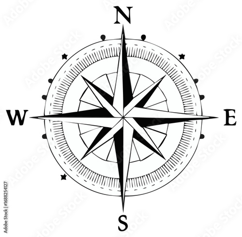 Detailed vintage style compass rose illustration showing north south east west directions