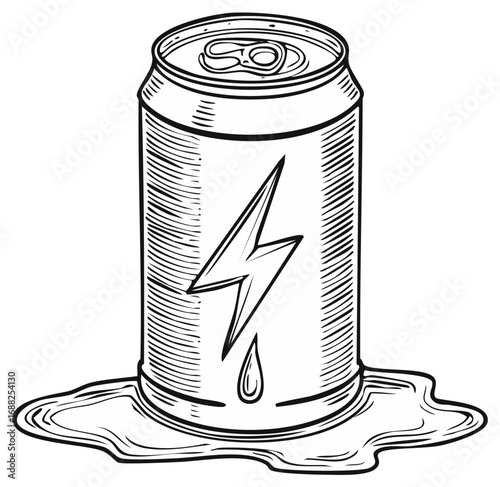 Energy drink can with lightning bolt design leaks fluid in hand drawn vector style