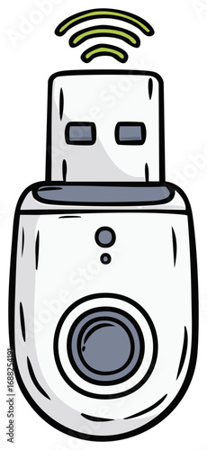 Wireless USB Wi-Fi adapter dongle transmitting a signal cartoon vector illustration
