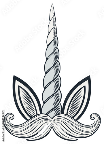 Unicorn Horn Ears and Dapper Mustache Humorous Monochrome Illustration