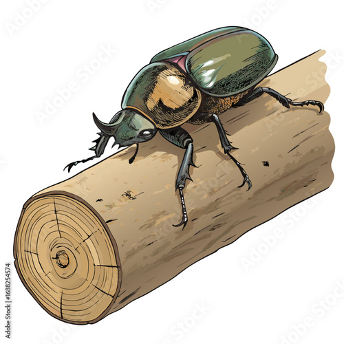 Rhinoceros beetle crawling on a wooden log illustration.