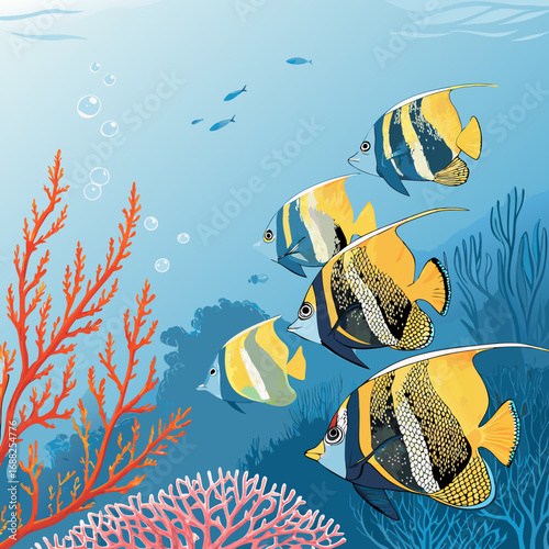 School of Tropical Fish Swimming in Coral Reef Illustration.