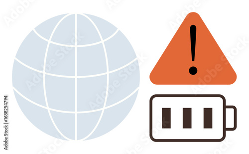 Globe symbolizing global connection with a low battery icon and alert triangle highlighting energy or resource depletion. Ideal for technology, communication, sustainability, environment, warnings