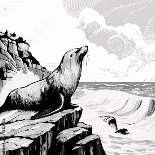 Sea lion perched on a rocky cliff overlooking the ocean.
