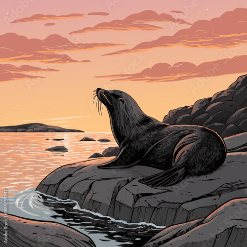Sea Lion Resting on a Rocky Coast at Sunset.