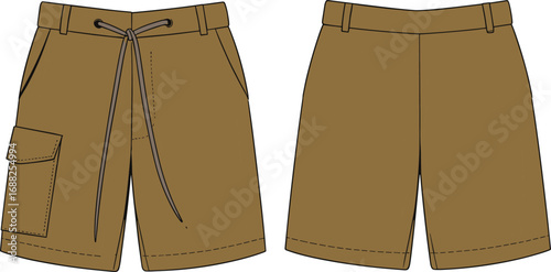 Flat vector illustration of brown cargo shorts with drawstring closure, flap pocket, waistband loops, front and back technical CAD sketch.