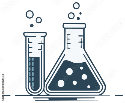 Line art illustration of a chemical reaction in a laboratory test tube and flask
