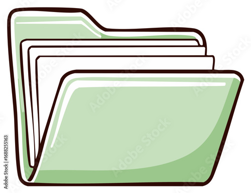 Simple cartoon illustration of an open green folder filled with white paper documents