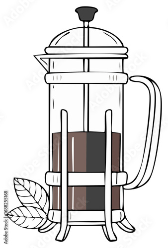 French Press Coffee Maker with Leaves Illustration