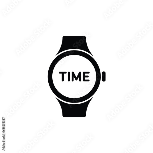 Minimalist silhouette icon of a smartwatch displaying the word time