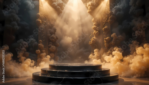  Black glossy podium glowing under spotlight, golden smoke haze swirling around edges, cinematic background.