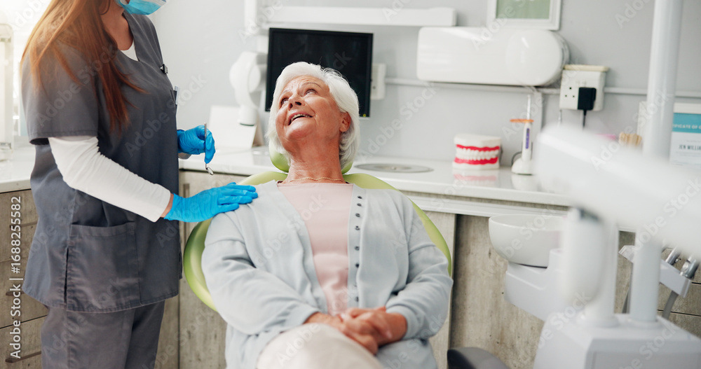 Fototapeta premium Dentist, consultation and senior woman in office, conversation and teeth whitening. People, doctor and patient with dental cleaning, discussion or inspection with cosmetic dentures or hygiene results