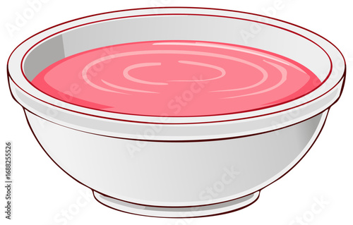 Cartoon illustration of a white bowl filled with pink cream soup or puree