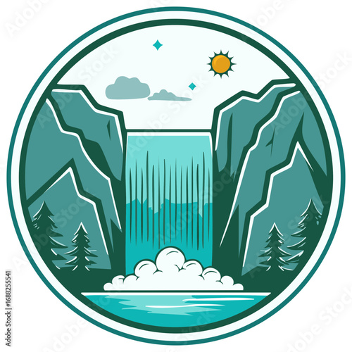 Waterfall landscape with mountains, sun, trees, and clouds vector illustration, nature scene in a circle.