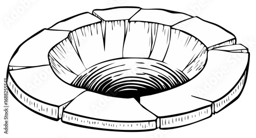 Black and white line art illustration of a deep circular crater or ancient stone well