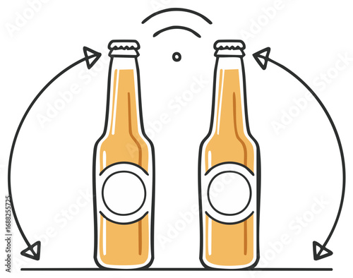 Two beer bottles rotate while connecting digitally via wifi for refreshment sharing social gathering