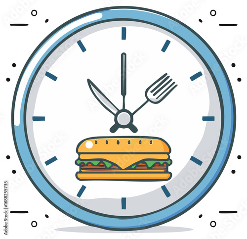 Cartoon clock with knife and fork hands indicating mealtime with a sandwich