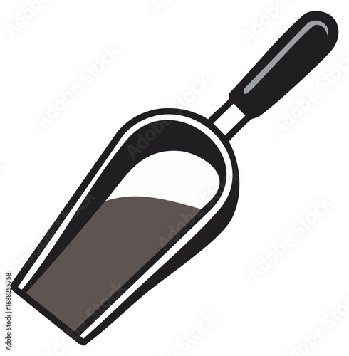 Black and white utility scoop filled with dark granular material simple graphic