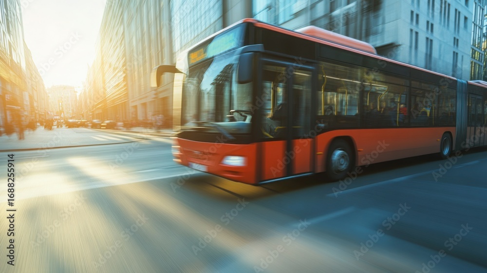 Naklejka premium city bus with bright contrast signage, low-floor design for easy wheelchair access, traveling through an urban environment, softly blurred background