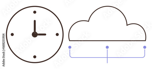 Analog clock next to outlined cloud with connection lines below. Ideal for time tracking, scheduling, cloud technology, data storage, productivity, organization, simple flat metaphor