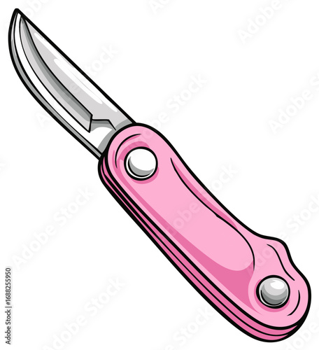 Pink folding pocket knife with an open blade cartoon vector illustration