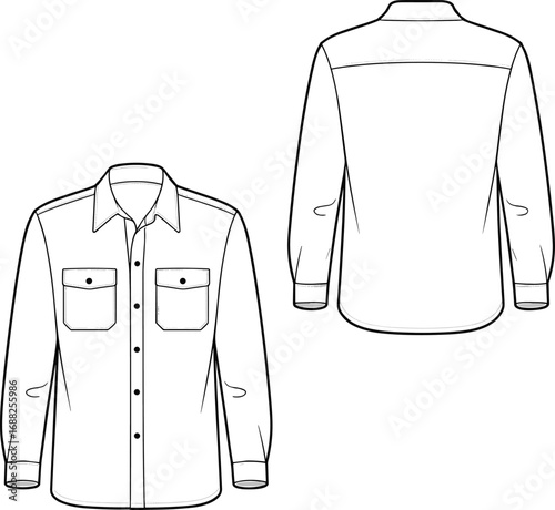 Flat vector CAD illustration of classic button-up shirt with collar, chest flap pockets, long sleeves, front and back technical drawing
