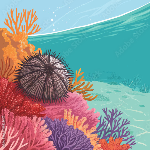 Sea urchin resting on a vibrant and colorful coral reef underwater.