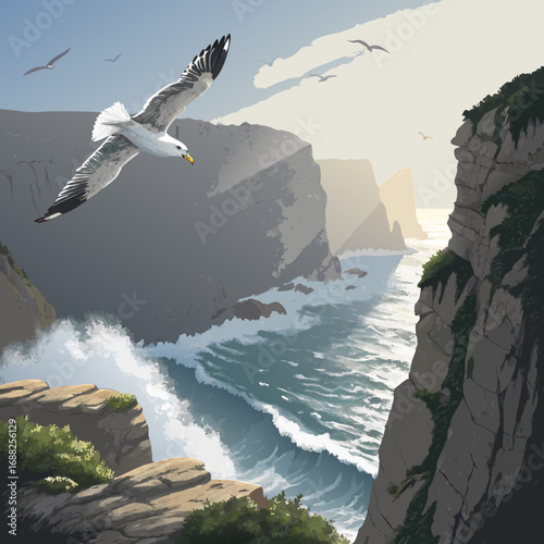 Seagull flying over dramatic white coastal cliffs.